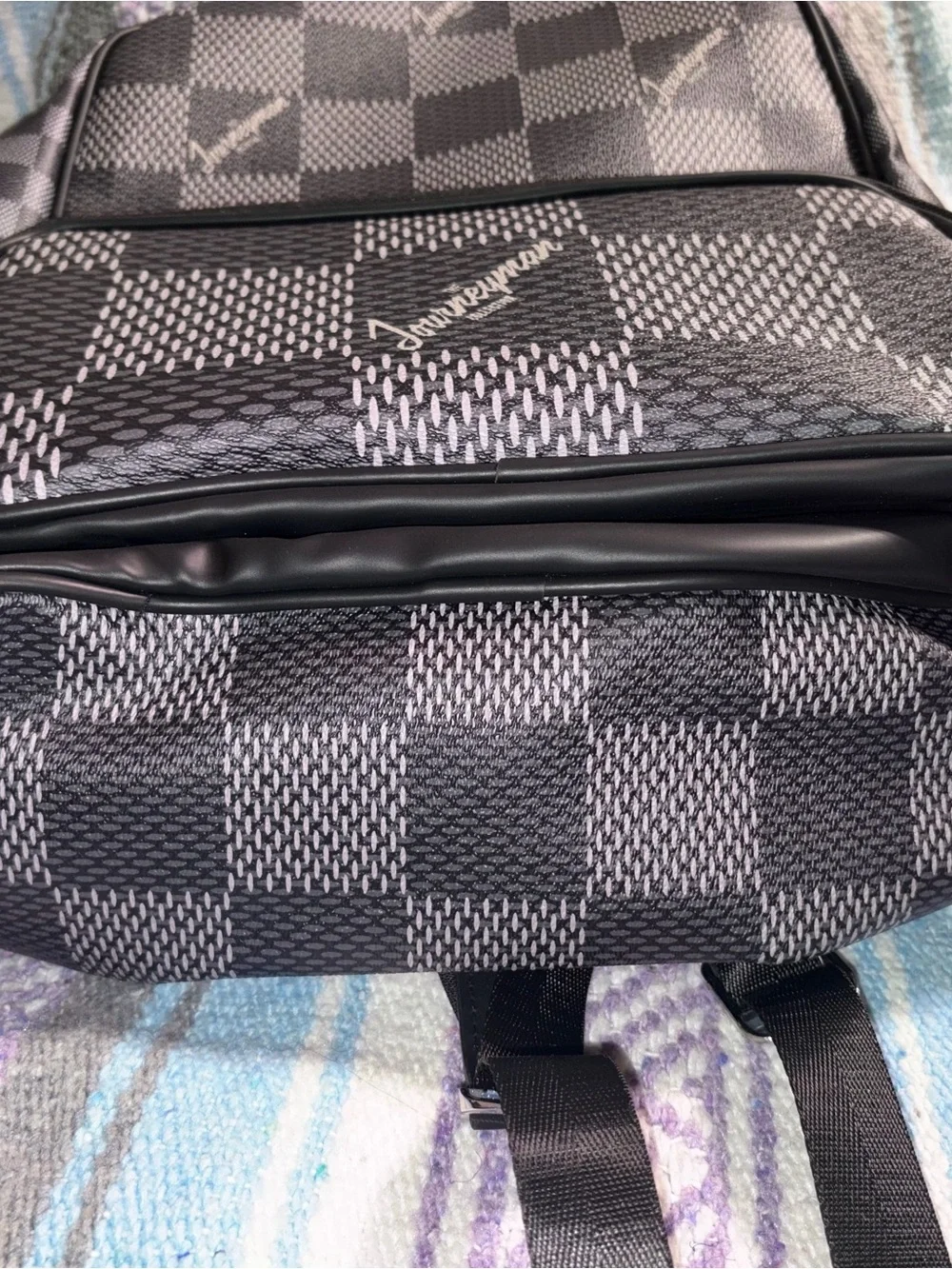 Men's/Women’s Grey and black Checkered Backpack with Front Zip Pocket